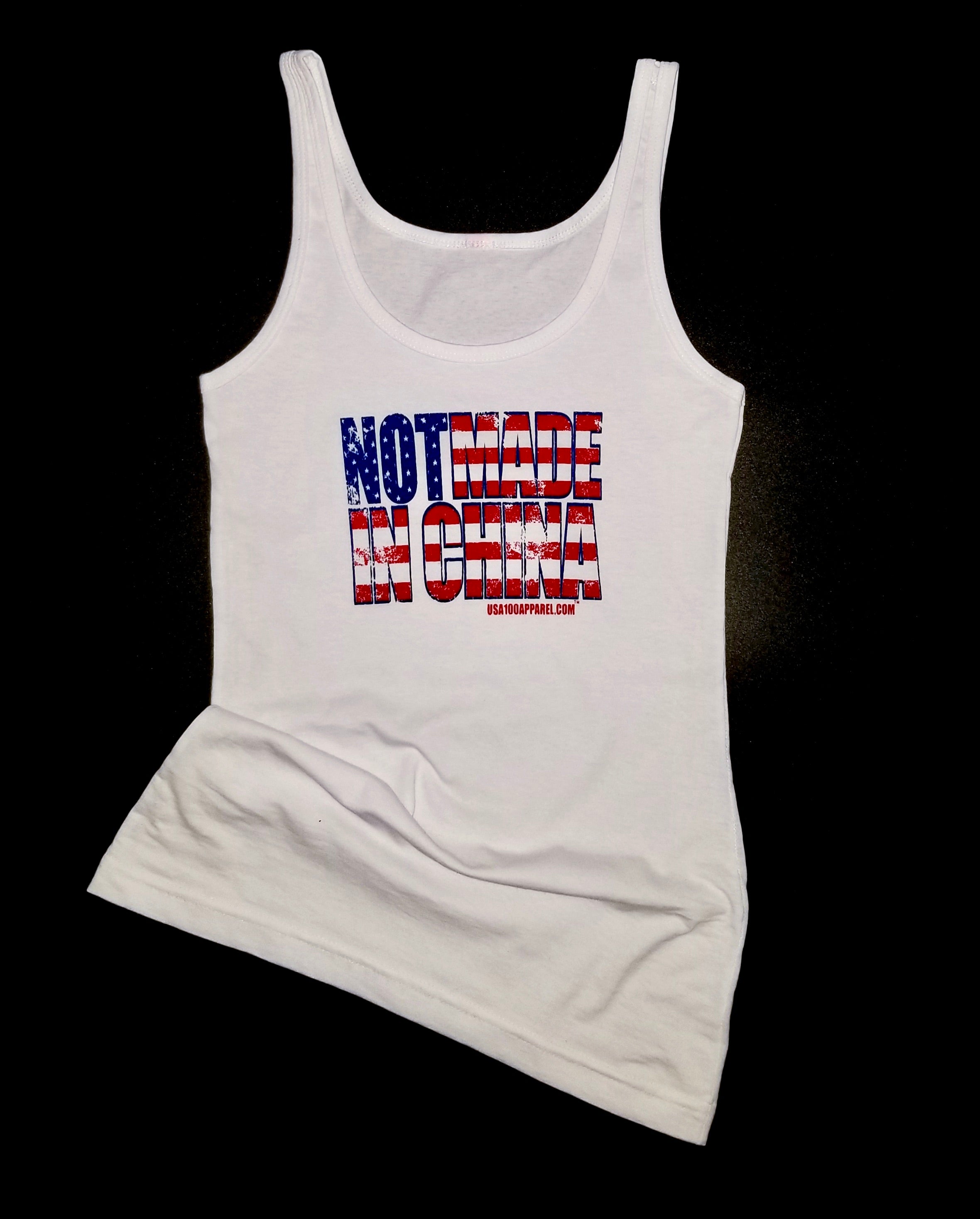 WOMEN'S WHITE DISSTRESSED NOT MADE IN CHINA TANK!